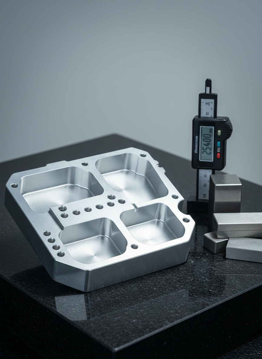 A detailed photographic close-up of a machined aluminum housing with complex contours and pocketing, positioned on a granite surface plate. The component’s satin-silver finish displays precisely chamfered edges, perfectly aligned drilled holes, and finely milled cavities, with faint but consistent tool paths visible. Next to it lies a digital height gauge and gauge blocks, hinting at rigorous quality inspection. Soft, cool studio lighting from the left creates gentle highlights along the edges and controlled shadows in recesses, enhancing the component’s geometry. Shot from a slightly elevated macro perspective with shallow depth of field, the background fades into a smooth blur of neutral greys, giving a clean, professional, engineering-focused mood consistent with premium precision machining services.
