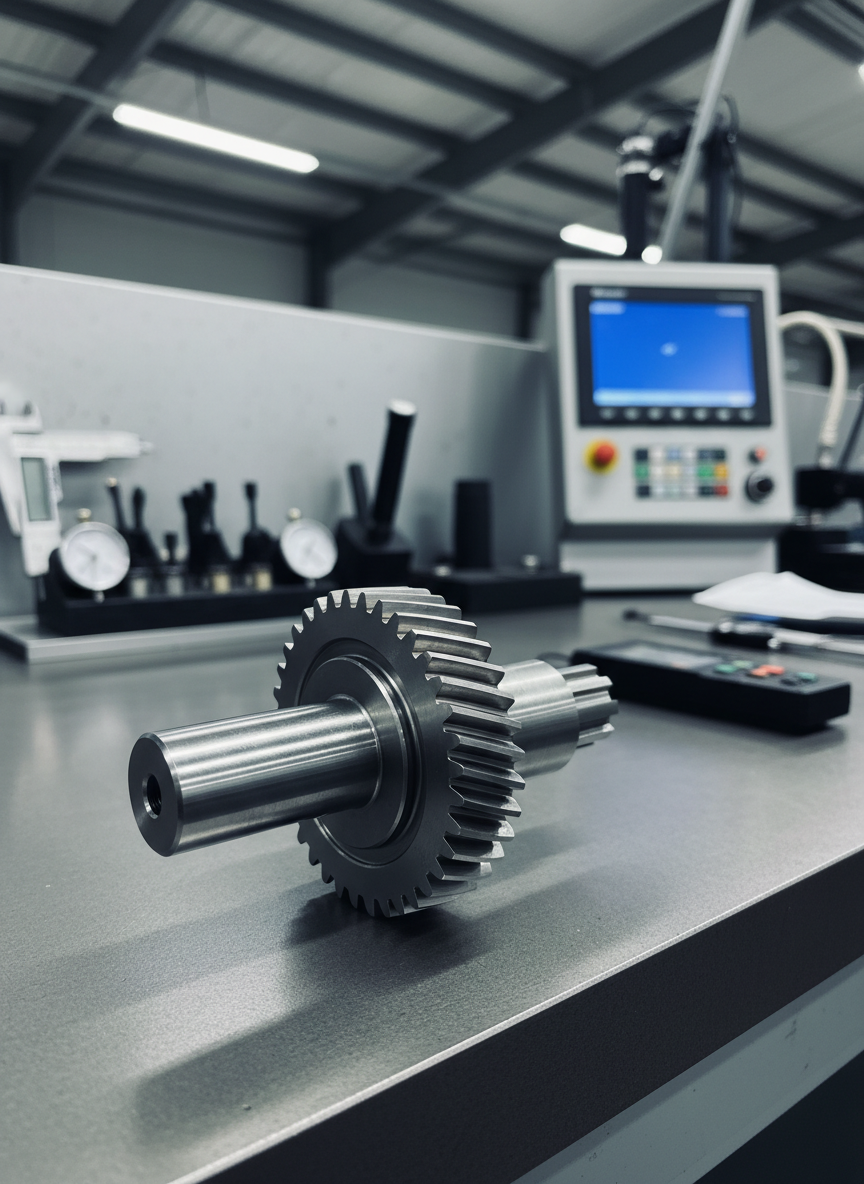 A close-up photographic image of a precision-machined stainless steel shaft and gear assembly resting on a spotless dark grey engineering workbench. Fine concentric tool marks catch the eye on the turned surfaces, while sharp gear teeth show flawless profiling. In the background, slightly out of focus, are neatly arranged calipers, micrometers, and a brushed aluminum CNC control panel, suggesting a modern Coimbatore machine shop. Cool, diffused overhead industrial lighting creates subtle reflections and crisp, professional shadows. Shot at eye level with a shallow depth of field and rule-of-thirds composition, the scene feels meticulous, highly technical, and trustworthy, conveying the exactness and quality of professional fabrication and machining services in a clean, modern photographic realism style.