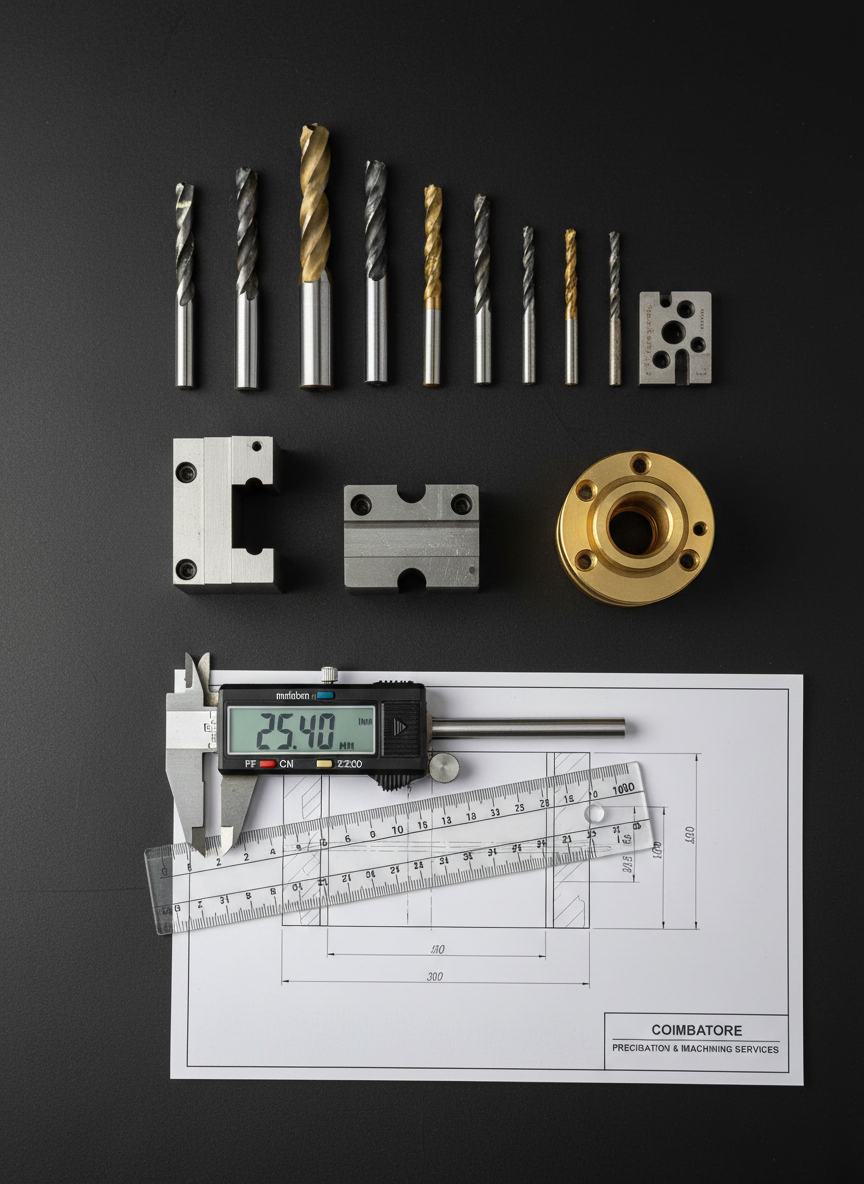 A meticulously arranged photographic still life of precision machining tools and fabricated parts laid out on a dark, matte engineering bench. Carbide end mills, drill bits, and inserts rest in an organized row beside a polished steel vise jaw, a small machined fixture, and a perfectly turned brass bushing. A labelled engineering drawing with crisp black lines and dimensions lies partially underneath a transparent acrylic ruler and a digital caliper, reinforcing the design-to-manufacture process. Neutral, soft studio lighting from above and slightly to the right creates controlled reflections on metallic surfaces and subtle shadows that define shapes without clutter. Shot from a top-down, bird’s-eye perspective with sharp focus across the frame, the scene feels methodical, precise, and highly professional, ideal for communicating the detail-oriented nature of Coimbatore’s precision fabrication and machining services.