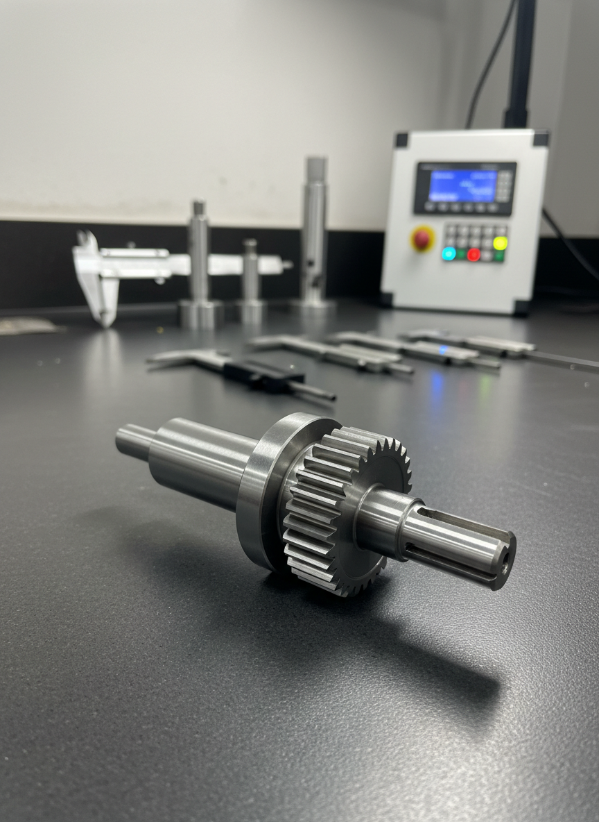 A close-up photographic image of a precision-machined stainless steel shaft and gear assembly resting on a spotless dark grey engineering workbench. Fine concentric tool marks catch the eye on the turned surfaces, while sharp gear teeth show flawless profiling. In the background, slightly out of focus, are neatly arranged calipers, micrometers, and a brushed aluminum CNC control panel, suggesting a modern Coimbatore machine shop. Cool, diffused overhead industrial lighting creates subtle reflections and crisp, professional shadows. Shot at eye level with a shallow depth of field and rule-of-thirds composition, the scene feels meticulous, highly technical, and trustworthy, conveying the exactness and quality of professional fabrication and machining services in a clean, modern photographic realism style.