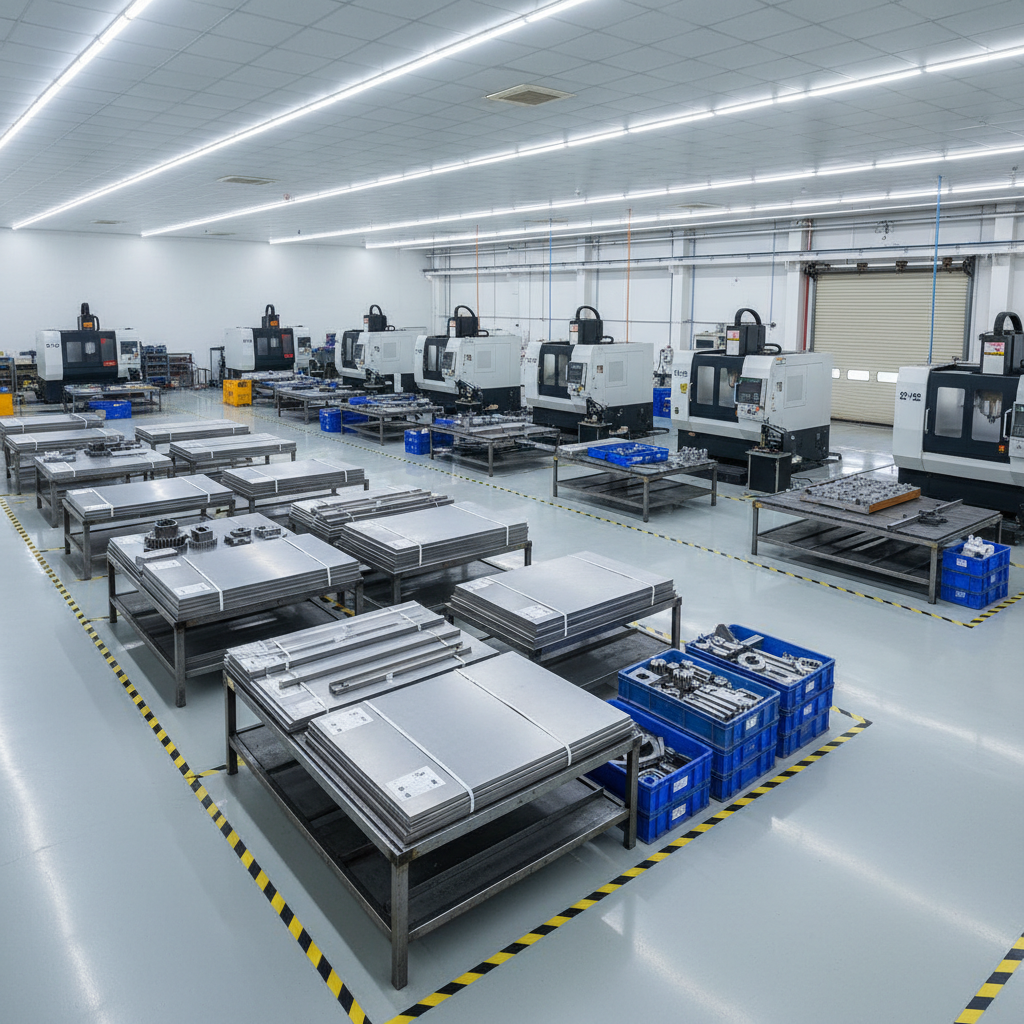 A wide photographic view of a modern fabrication workshop interior featuring multiple CNC machining centers and laser-cutting machines arranged in an orderly layout. Heavy-duty steel tables hold neatly stacked mild steel and stainless steel plates, each labeled and squared, with finely machined components laid out in systematic trays. The floor is spotless, painted in light grey with clear safety markings. Cool white LED overhead lights illuminate the entire space evenly, creating a crisp, high-tech atmosphere with minimal shadows. Captured from a slightly elevated corner angle with sharp focus throughout, the composition emphasizes depth and scale of the facility, suggesting a professional, large-capacity operation in Coimbatore focused on precision fabrication and machining, rendered in clean, realistic industrial photography.
